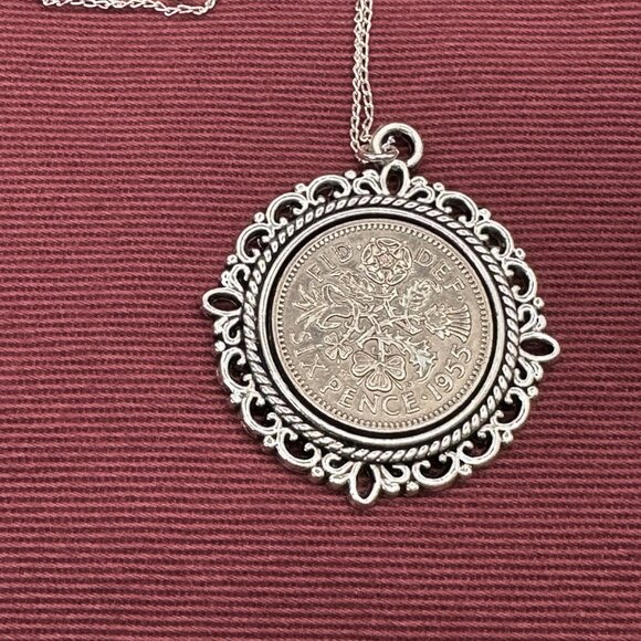 Sterling Chain 1955 Sixpence Coin Pendant Necklace - Picture 13 of 13